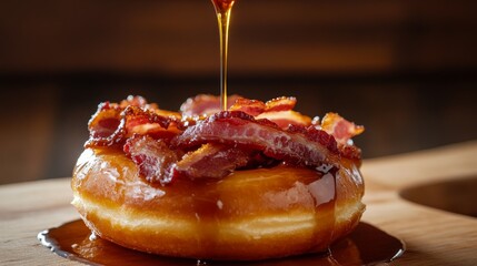 Decadent dessert featuring a glazed donut topped with crispy bacon and drizzled with syrup on a wooden surface