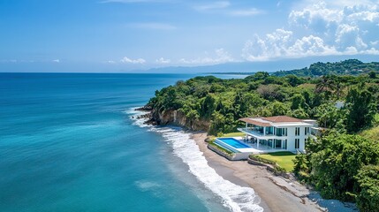 Fototapeta premium Coastal luxury estate with bold modern design, private infinity pool overlooking the ocean, white sand beaches surrounding 