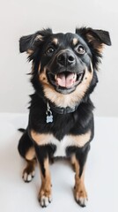 Fototapeta premium Cute happy dog sitting and posing on white background, German Shepherd dog
