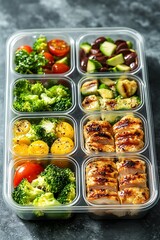 Healthy meals prepared and portioned into plastic food containers
