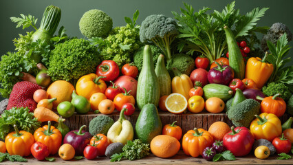 Fresh vegetables and fruits arranged beautifully, showcasing vibrant colors and textures, creating healthy and inviting