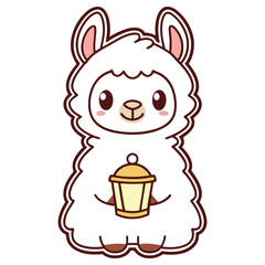 Cute White Llama Holding Golden Lantern Cartoon Animal Festive Character