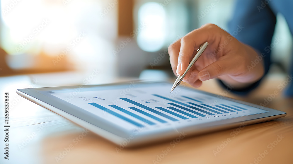 Poster analyzing business data trends office environment digital tablet visualization professional setting 