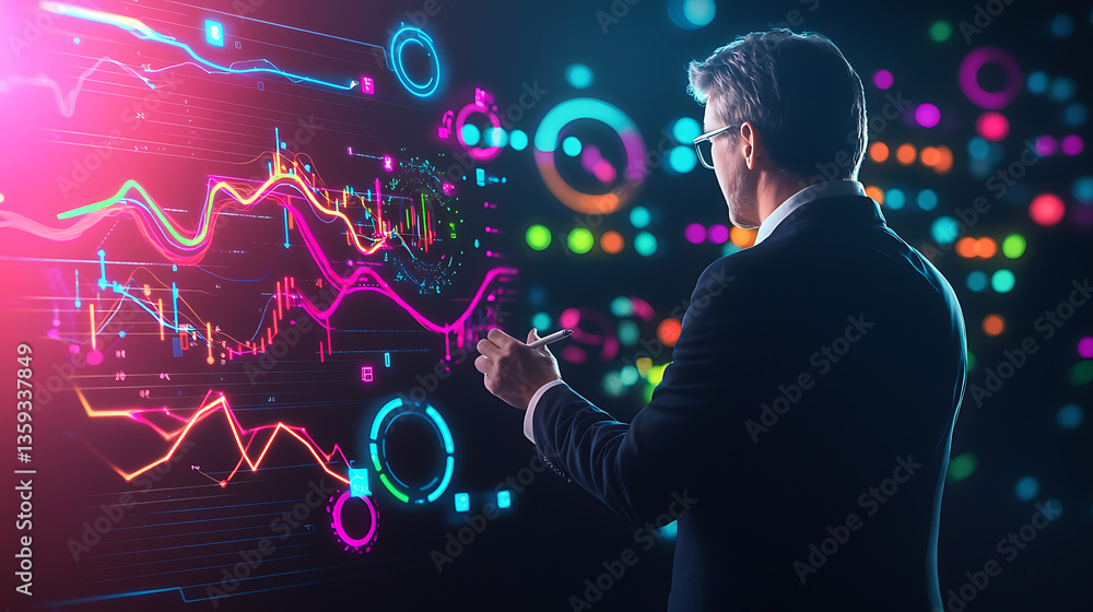 Poster analyzing data trends in business analytics modern office digital visualization professional insight