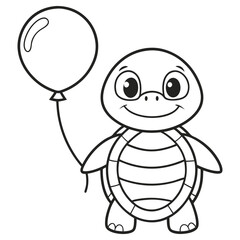 Outline Cartoon Turtle with Balloon, Standing, Happy, Black and White, Line Art
