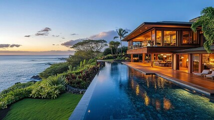 Naklejka premium Coastal luxury property with expansive deck, infinity pool merging with the horizon, lush landscaping, golden light reflecting on glass facade 