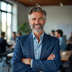 Fototapeta premium Confident Senior Business Executive Smiling with Arms Crossed in Modern Office – Leadership, Success, and Professional Growth Concept