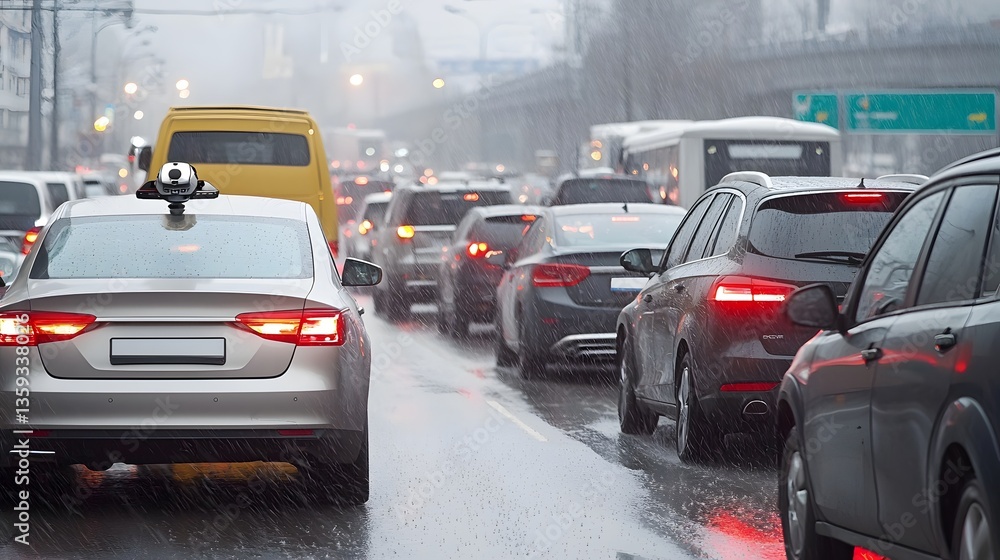 Poster numerous cars and other vehicles navigating through a congested rainy city street with poor visibili