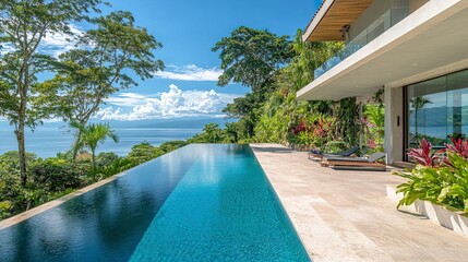 Fototapeta premium Coastal mansion with sleek modern design, large infinity pool leading to the horizon, lush tropical landscaping, soft warm sunlight 