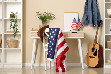 USA flags, table and racks in interior of living room