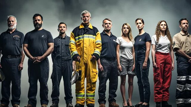  A diverse group of professionals wearing various work uniforms stand together, symbolizing the strength found in collaboration and the importance of different roles across multiple industries.