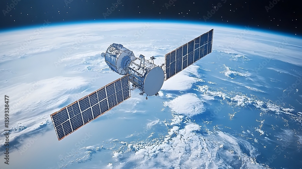 Aufkleber radar satellite in orbit above the earth tracking slow tectonic plate movements to help predict pote