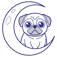 Pug Puppy Silhouette in Moon Cresent, Cute Puppy Dog, Outline Icon, Cartoon Mascot Logo