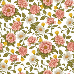Pink Roses and Daisies with Green Leaves. Seamless Floral Pattern. Vintage Flowers Print on Transparent Background. PNG Digital File