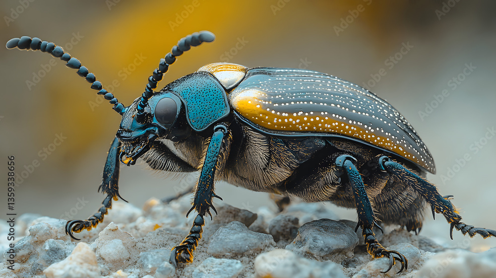 Poster macro beetle on pebble: an intricately detailed macro shot captures the vibrant beauty of a beetle p