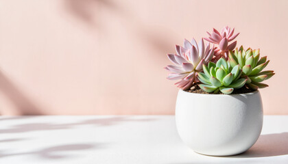 Obraz premium Succulent plants in a white pot against a pastel pink background 