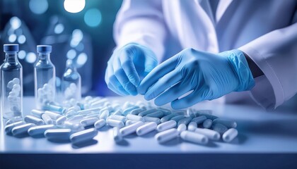 Experts hands clad in gloves meticulously arrange pharmaceutical capsules and vials in modern lab.