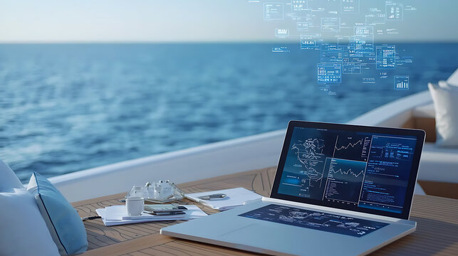 Analyzing data trends on a yacht ocean view digital workspace serene environment business concept