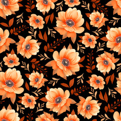 Watercolor Orange Flowers Seamless Pattern. Hand Drawn Digital Floral Illustration
