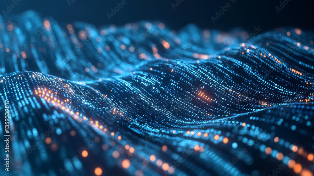 Poster binary code wave information. data flow, stream and business analytics. big data in global cyberspac