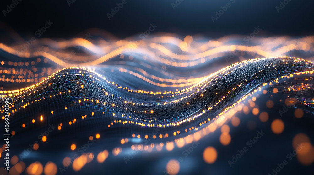 Poster big data processing. abstract artificial neural network. cyber field of wavy particles. 3d illustrat