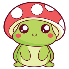 Cute Green Mushroom Character, Toadstool with Red Cap and White Spots, Cartoonish Style