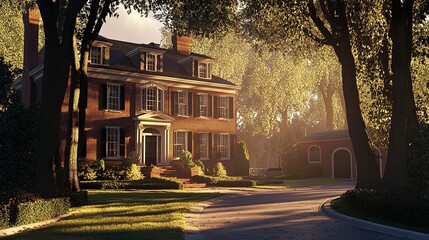 Colonial-style home bathed in the soft glow of sunset, warm hues on red brick exterior, tall trees casting long shadows 