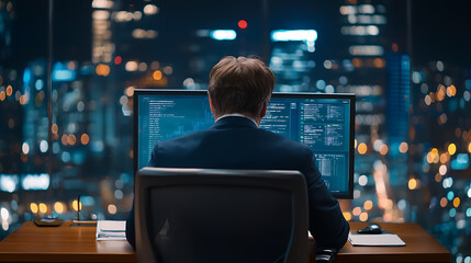 Data analyst at high-rise office urban nightscape digital monitoring professional environment insightful perspective