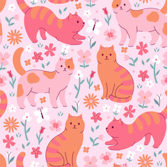 Seamless pattern with cute cats and flowers. Vector graphics.