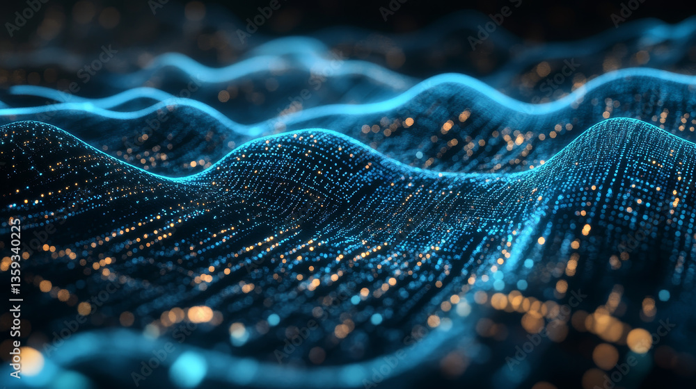 Poster big data processing. abstract artificial neural network. cyber field of wavy particles. 3d illustrat