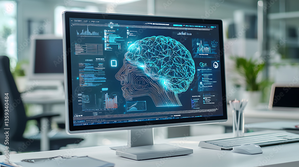 Poster analyzing data trends in artificial intelligence modern office digital visualization professional en