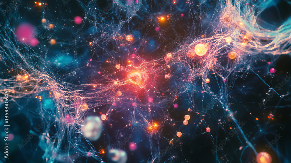 Poster block chain network and galactic nebula. artificial intelligence. global decentralized database. fut