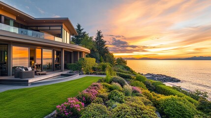 Obraz premium Contemporary beachfront estate with sharp angles, manicured gardens, and ocean waves lapping nearby, soft sunset glow 