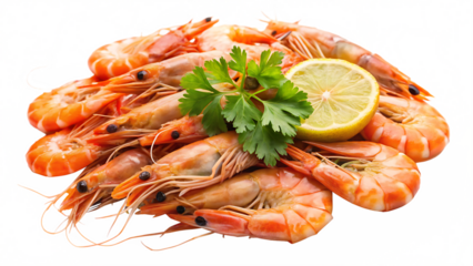 Fresh Shrimp with Lime and Herbs – Isolated on White Background, Transparent. PNG. AI GENERATED