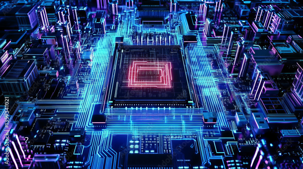Poster global information flows, big data analytics. stream of digital beams flowing around the central pro