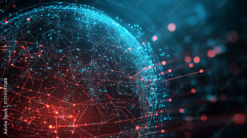 Poster global network. blockchain 3d illustration. neural networks and artificial intelligence. concept of 