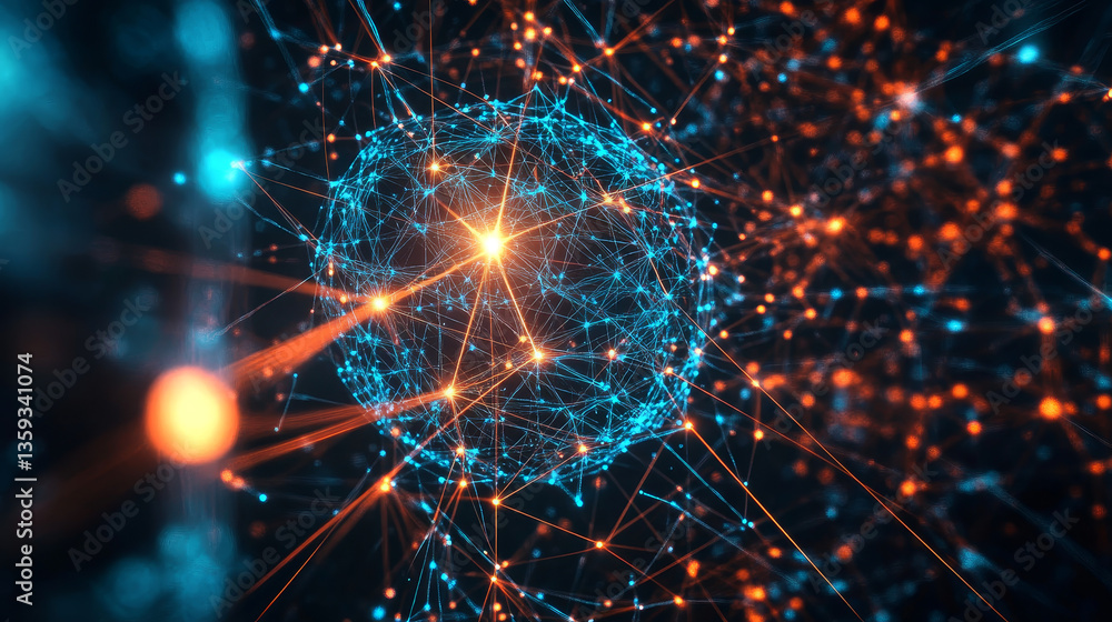 Poster global network. blockchain 3d illustration. neural networks and artificial intelligence. concept of 