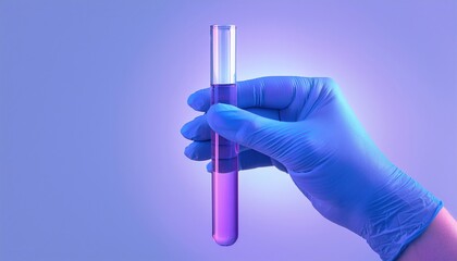 A gloved hand holds a vibrant purple solution, highlighting active scientific experimentation.