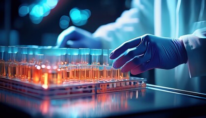 Hands in gloves carefully place test tubes filled with colorful liquids in a high tech lab.