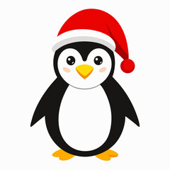 Fototapeta premium Cartoon cute penguin wearing red christmas hat . Suitable for children's books, sticker, mascot, logo,icon.Vector illustration animal on white background