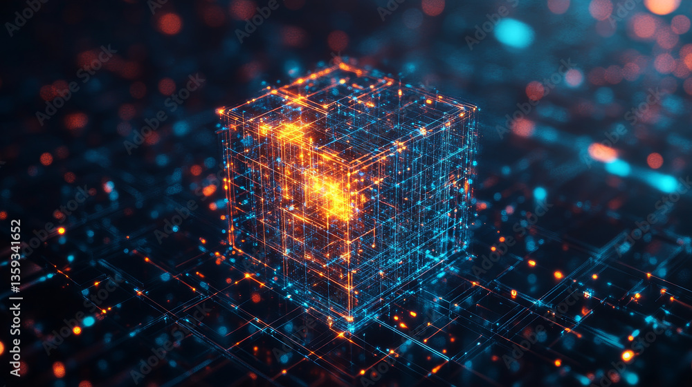 Poster blockchain abstract concept. hi-tech square blocks are collected in a cubic array against background