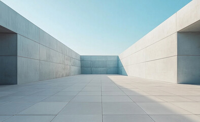 Obraz premium Minimalist architecture with empty square floor and concrete building against clear blue sky