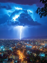 Lightning illuminating a city during a dramatic nighttime thunderstorm event
