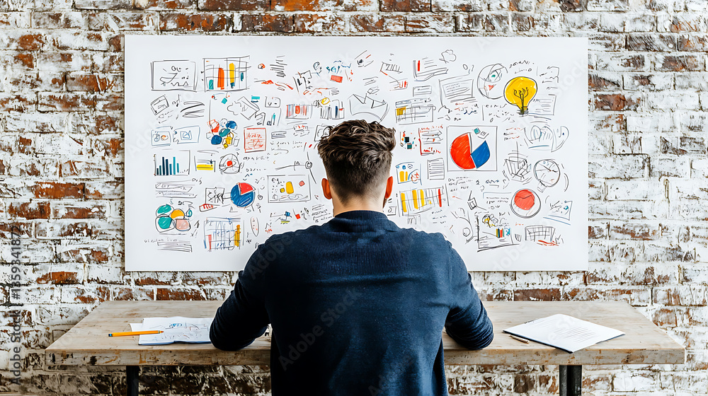 Poster analyzing business strategies office space visual content creative environment overhead view strateg