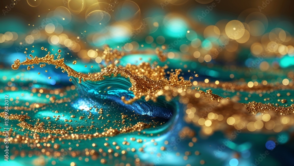 Poster vibrant turquoise and gold water droplets create a shimmering effect during a dynamic splash at twil
