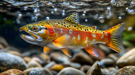 Underwater Realm: A vibrant trout glides through the crystal-clear water, showcasing its colorful patterns and streamlined form, perfectly adapted to its aquatic world.