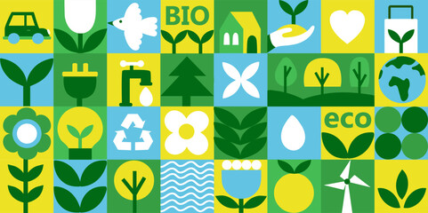 Geometric seamless eco pattern. Mosaic background with flowers, plants and simple shapes in Bauhaus style. Abstract eco concept. Vector