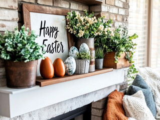 Fireplace shelf festive decoration idea Easter eggs, flowers, sign Happy Easter. Warm natural tones.