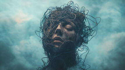 A human head with a tangled mess of wires and clouds inside, representing stress, anxiety, and overthinking