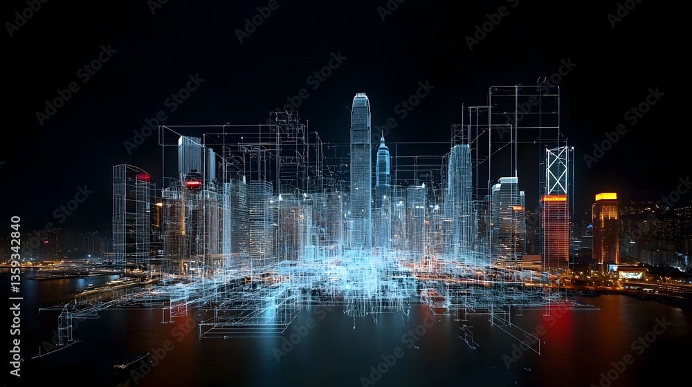 Poster vibrant high tech cityscape with a skyline of modern illuminated skyscrapers reflecting in the river
